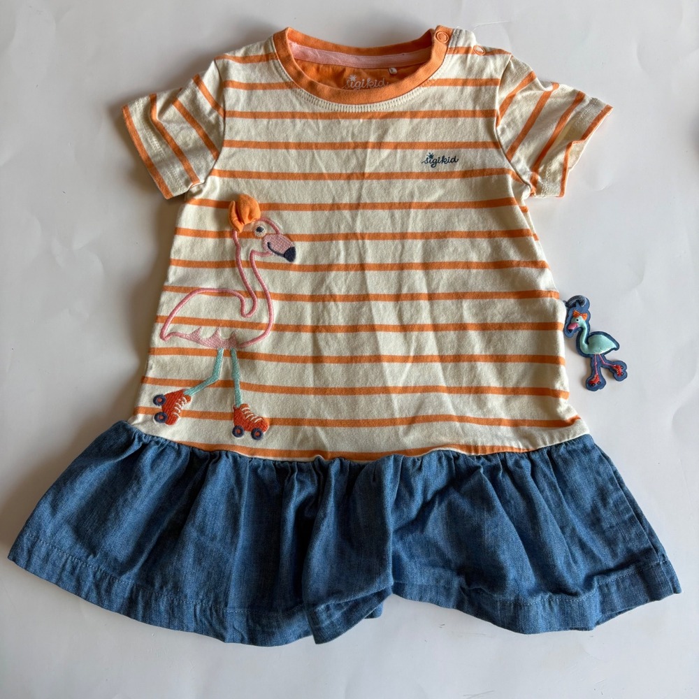 Sigikid‎ Baby Girls Orange Striped Flamingo Roller Skate Dress Chambray Hem 9M